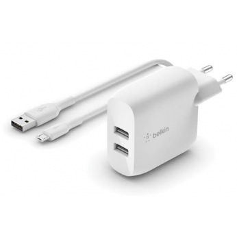 Мережевий ЗП Belkin Home Charger (24W) DUAL USB 2.4A, MicroUSB 1m, white (WCE001VF1MWH)