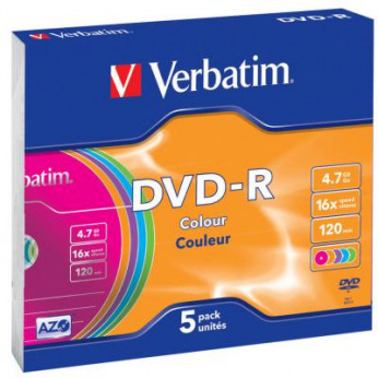 Диск Verbatim DVD-R 4.7 GB/120 min 16x Slim 5шт (43557) Color