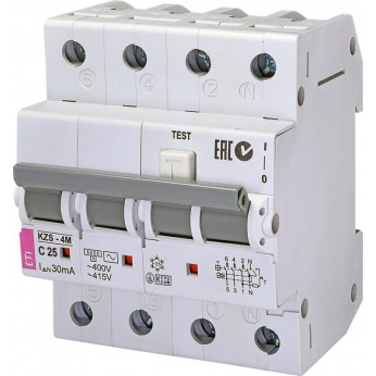 Дифферинциальный автоматический выключатель  ETI KZS-4M 3p+N C 25/0,03 тип AC (6kA) (2174026)