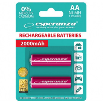 Акумулятор Esperanza Ni-MH AA 2000 mAh, 2шт, красный EZA103R (EZA103R)