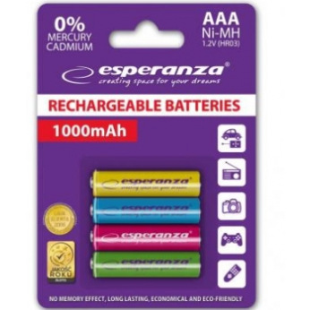 Акумулятор Esperanza Ni-MH AAA 1000 mAh, 4шт, микс цветов EZA107 (EZA107)