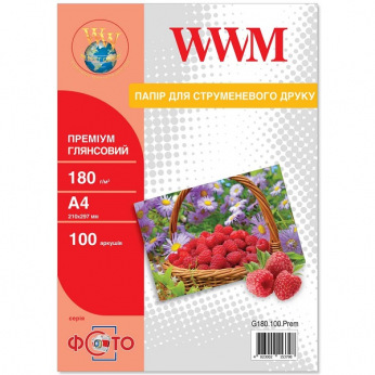Фотопапір WWM Premium глянцевий 180Г/м кв, А4, 100л (G180.100.Prem)