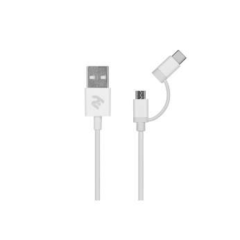 Кабель 2E USB to Micro + Type C, 5V/2.4A, 1m, White (2E-CCMTAB-WT)