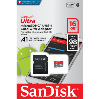 Карта памяти SanDisk 16GB microSDHC A1 C10 UHS-I U1 R98MB/s (SDSQUAR-016G-GN6MA) (SDSQUAR-016G-GN6MA)