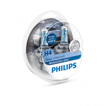 Лампа галогенная Philips H4 WhiteVision Ultra +60%, 4200K, 2шт/блистер (12342WVUSM)