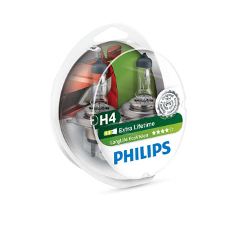Лампа галогенная Philips H4 LongLife EcoVision, 2шт/блистер (12342LLECOS2)