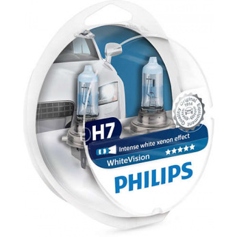 Лампа галогенна Philips H7 WhiteVision +60%, 3700K, 2шт/блістер (12972WHVSM)