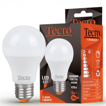 Лампа светодиодная Tecro E27, 6Вт, 4000K, аналог лампы накаливания 50Вт (TL-A60-6W-4K-E27)