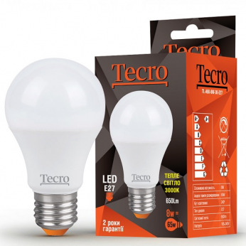 Лампа светодиодная Tecro E27, 8Вт, 3000K, аналог лампы накаливания 65Вт (TL-A60-8W-3K-E27)