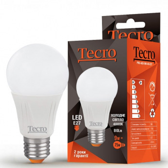 Лампа светодиодная Tecro E27, 9Вт, 4000K, аналог лампы накаливания 75Вт (PRO-A60-9W-4K-E27)