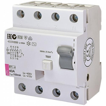 Реле диференційне ETI (УЗО) EFI-4 40 / 0,1 тип AC (10kA) (2063143)