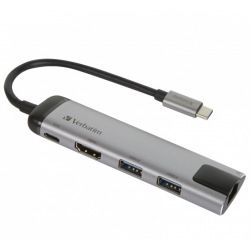 Концентратор USB-C Verbatim USB-C/2хUSB3.0/HDMI/RJ45 (49141), Silver/Black (49141)