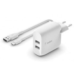 Мережевий ЗП Belkin Home Charger (24W) DUAL USB 2.4A, USB-C 1m, white (WCE002VF1MWH)