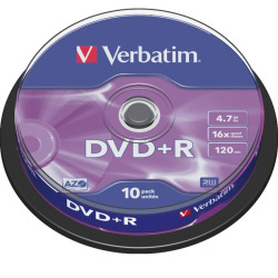 Диск Verbatim DVD+R 4.7 GB/120 min 16x Cake Box 10шт (43498) Silver