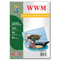 Фотопапір WWM глянцевий двосторонній 220Г/м кв, А4, 50л (GD220.50) для Epson WorkForce WF-7520 USA