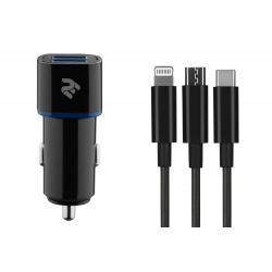 Набор Автомобильное ЗУ 2Е Dual USB 2.4A + кабель 3в1 Lightning/microUSB/Type-C, black (2E-ACR01-C3IN1)