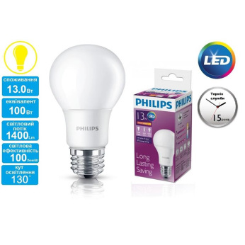 Лампа светодиодная Philips LEDBulb E27 13-100W 230V 3000K A60/PF (929001162407)